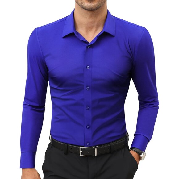 Men Blue Long Sleeve Slim Muscle Fit Wrinkle Free Button Down Dress Shirts - Picture 1 of 9